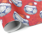 青と白のフェスティバルのサッカーボールのパターンが赤 ラッピングペーパー (ロールコーナー)