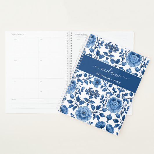 青と白のフランスのコテージダマスクフローラ プランナー手帳 (ディスプレー)