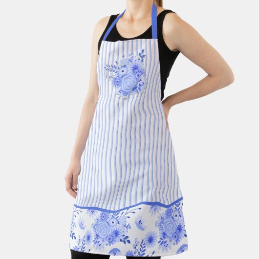 青と白のフローラとストライプ エプロン (インサイチュ)