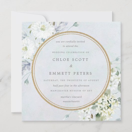青と白のフローラの結婚水色 招待状 (正面)