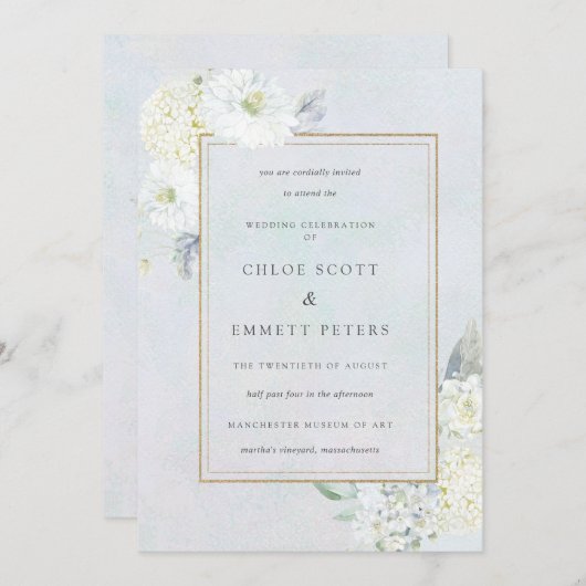 青と白のフローラの結婚水色 招待状 (正面/裏面)