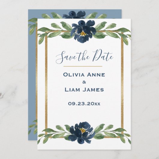 青と白のフローラエレガントスクリプトの金ゴールド結婚 セーブザデート (正面/裏面)