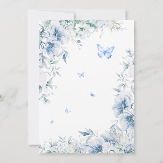 青と白のフローラエレガントブライダルシャワー 招待状 (裏面)