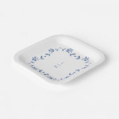 青と白のフローラカップルイニシャル結婚ズ ペーパープレート (傾斜あり)