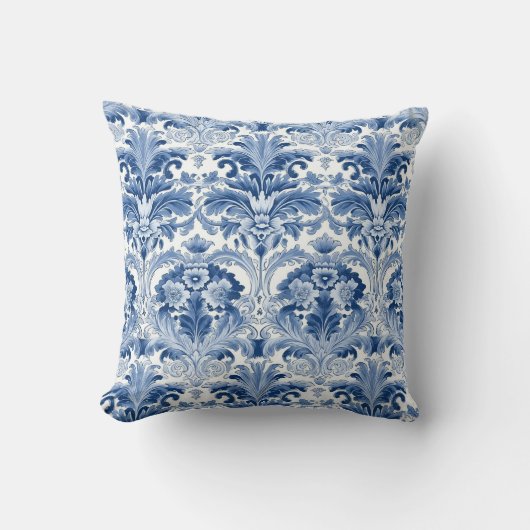 青と白のフローラダマスクスペインのタイル クッション (正面)