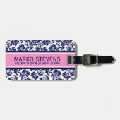 青と白のフローラダマスクピンクアクセント3 ラゲッジタグ (正面横)