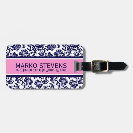 青と白のフローラダマスクピンクアクセント3 ラゲッジタグ (正面横)