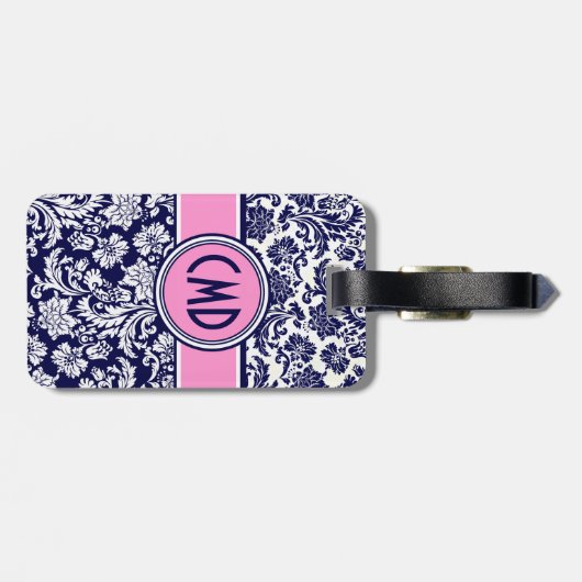 青と白のフローラダマスクピンクアクセント3 ラゲッジタグ (裏面横)