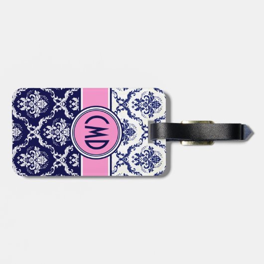 青と白のフローラダマスクピンクアクセント ラゲッジタグ (裏面横)