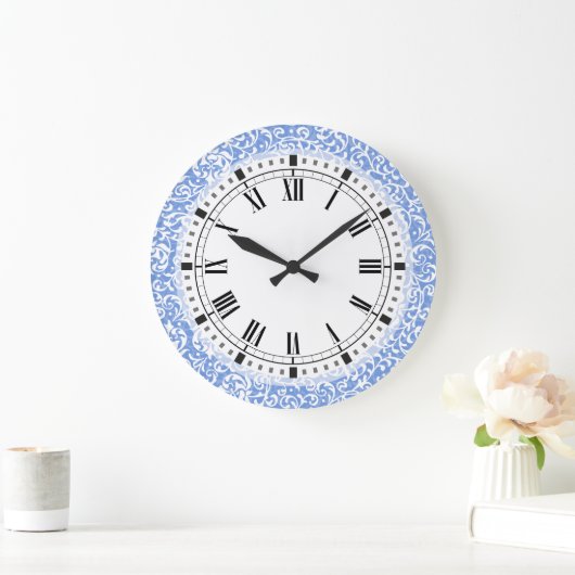 青と白のフローラチューダーダマスクヴィンテージスタイル ラージ壁時計 (ホーム)