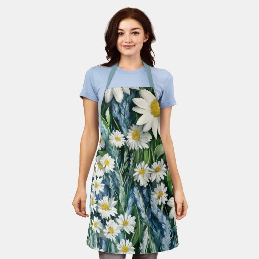 青と白のフローラデイジー エプロン (着用した状態)
