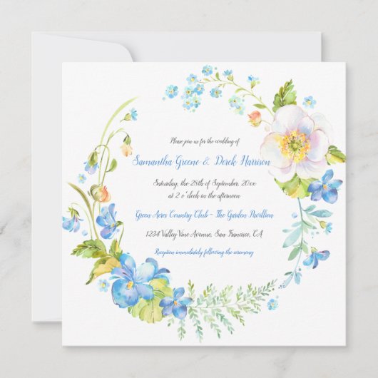 青と白のフローラファンタジー結婚リース 招待状 (正面)