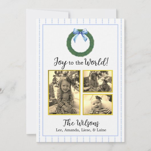 青と白のフローラフォトクリスマスカード 案内状 (正面)