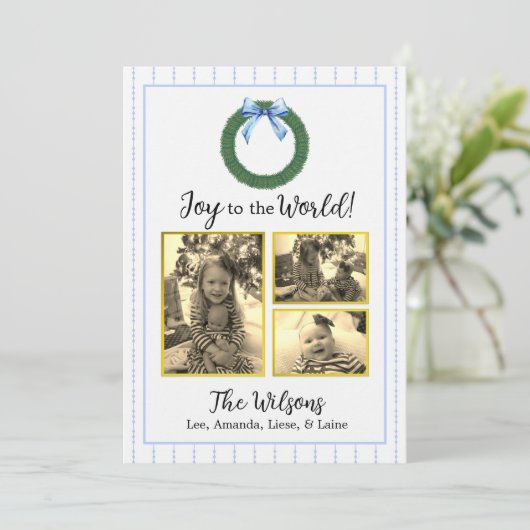 青と白のフローラフォトクリスマスカード 案内状 (スタンド正面)