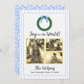 青と白のフローラフォトクリスマスカード 案内状 (正面/裏面)