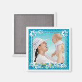 青と白のフローラフォトフレーム マグネット (正面/裏面)