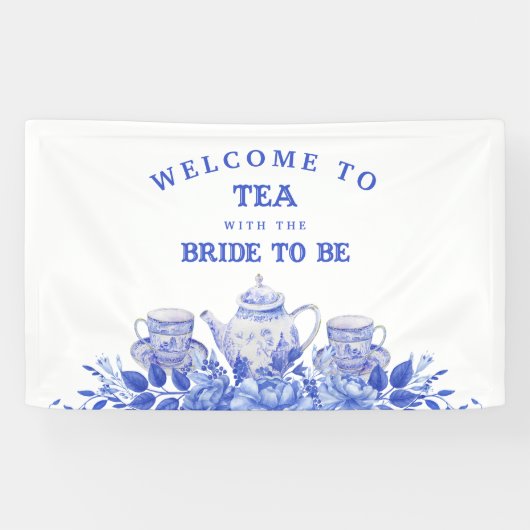 青と白のフローラブライダルシャワーへようこそ 横断幕 (横)
