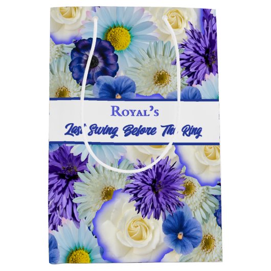青と白のフローラブライダルシャワーバチェロレッテ ミディアムペーパーバッグ (正面)