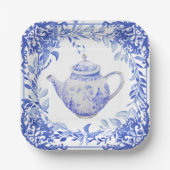 青と白のフローラブライダルシャワー封筒 ペーパープレート (正面)