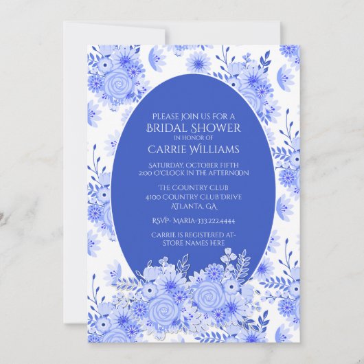 青と白のフローラブライダルシャワー招待 招待状 (正面)