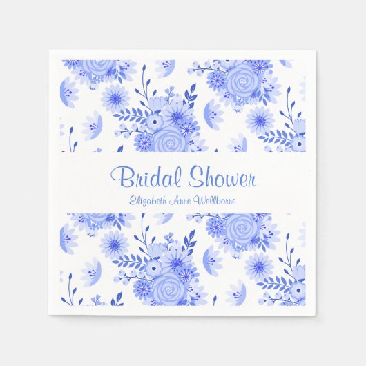 青と白のフローラブライダルシャワー紙ナプキンス スタンダードカクテルナプキン (正面)