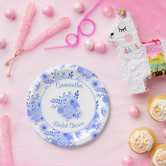 青と白のフローラブライダルシャワー紙プレート ペーパープレート (パーティー)
