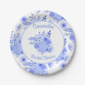 青と白のフローラブライダルシャワー紙プレート ペーパープレート (正面)