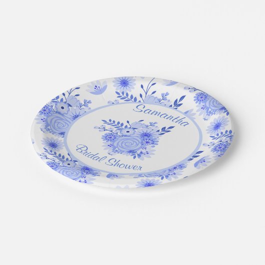 青と白のフローラブライダルシャワー紙プレート ペーパープレート (アングル)