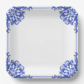 青と白のフローラブライダルシャワー ペーパープレート (正面)