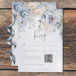 青と白のフローラモダンのQR結婚コード 出欠カード