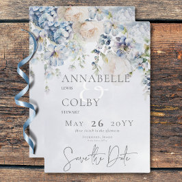 青と白のフローラモダン結婚の セーブザデート