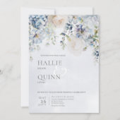 青と白のフローラモダン結婚の 招待状 (正面)