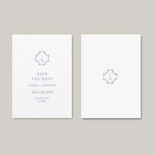 青と白のフローラモノグラムのズ結婚フラット セーブザデート