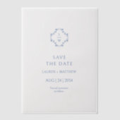 青と白のフローラモノグラムのズ結婚フラット ベラム紙招待状 (正面)