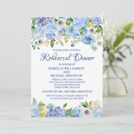 青と白のフローラリハーサルディナー招待状 招待状 (スタンド正面)