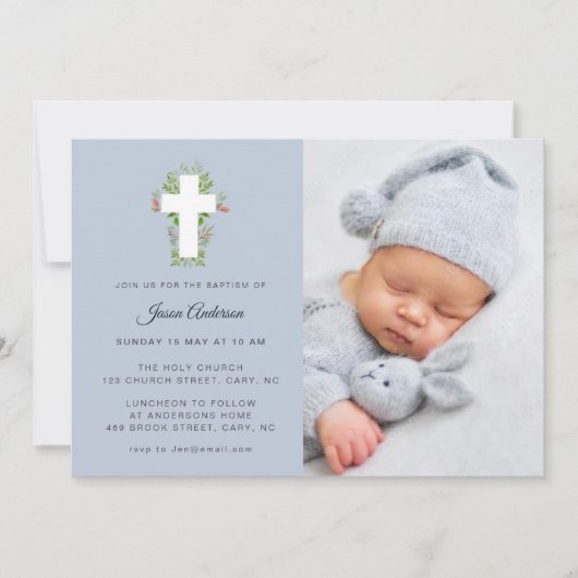 青と白のフローラルクロスフォトバプテスマ 招待状 (正面)