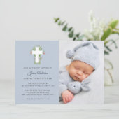 青と白のフローラルクロスフォトバプテスマ 招待状 (スタンド正面)