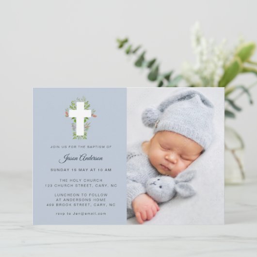 青と白のフローラルクロスフォトバプテスマ 招待状 (スタンド正面)