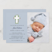 青と白のフローラルクロスフォトバプテスマ 招待状 (正面/裏面)