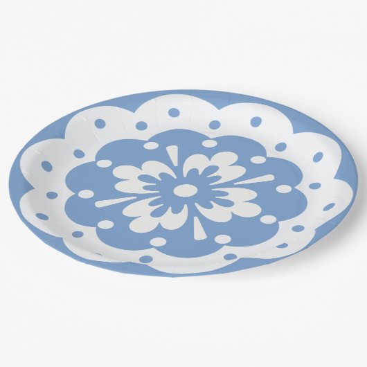 青と白のフローラレースのよう紙プレート ペーパープレート (アングル)