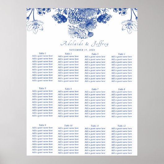 青と白のフローラ中国パターンの座席表 ポスター (正面)