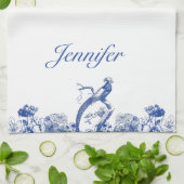 青と白のフローラ中国パターン(鳥付) キッチンタオル (折り畳み)