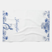 青と白のフローラ中国パターン(鳥付) キッチンタオル (横)