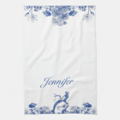 青と白のフローラ中国パターン(鳥付) キッチンタオル (縦)