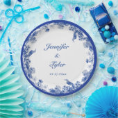 青と白のフローラ中国パターン(鳥付) ペーパープレート (パーティー)