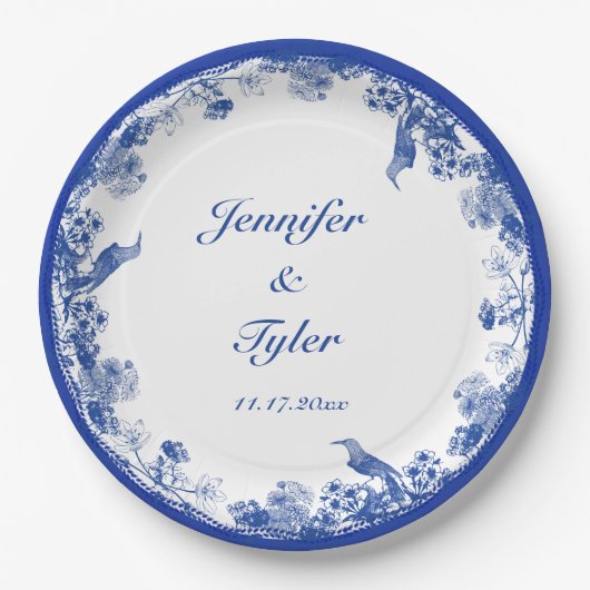 青と白のフローラ中国パターン(鳥付) ペーパープレート (正面)