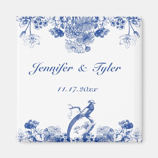 青と白のフローラ中国パターン(鳥付) マグネット (正面)