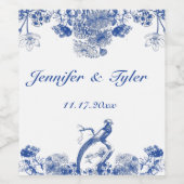 青と白のフローラ中国パターン（鳥付） ワインラベル (シングルラベル)