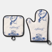 青と白のフローラ中国パターン(鳥付) 鍋つかみ&鍋敷きセット (正面)