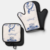 青と白のフローラ中国パターン(鳥付) 鍋つかみ&鍋敷きセット (正面/裏面)